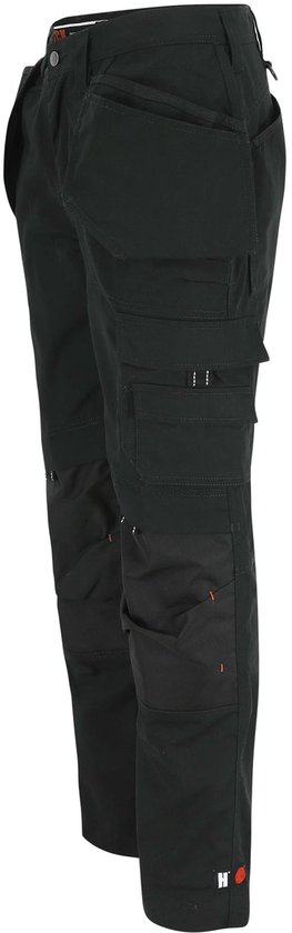 Zijkant van een zwarte werkbroek van Herock met cargozakken.