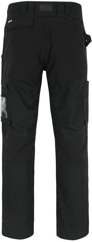 Zwarte werkbroek met transparante cargozak op de dij.