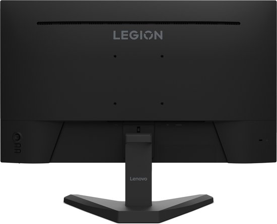 Zijaanzicht van een zwarte monitor op een zwarte voet met zichtbare knoppen aan de zijkant.