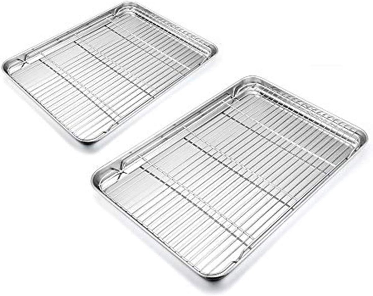 Allecto Plus - Bakplaat en taartrooster set van 4, roestvrijstalen ovenplaat, rechthoekig - Gezond, niet-giftig en vaatwasmachinebestendig - Voor bakken en koelen. Gemakkelijk schoon te maken.