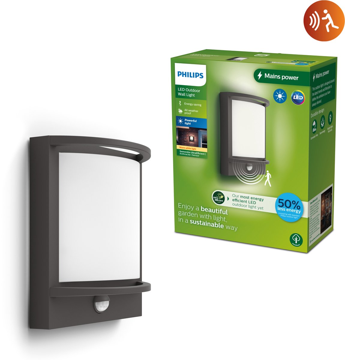 Philips Samondra wandlamp - Ultra Efficient - antraciet - met sensor - 3,8W