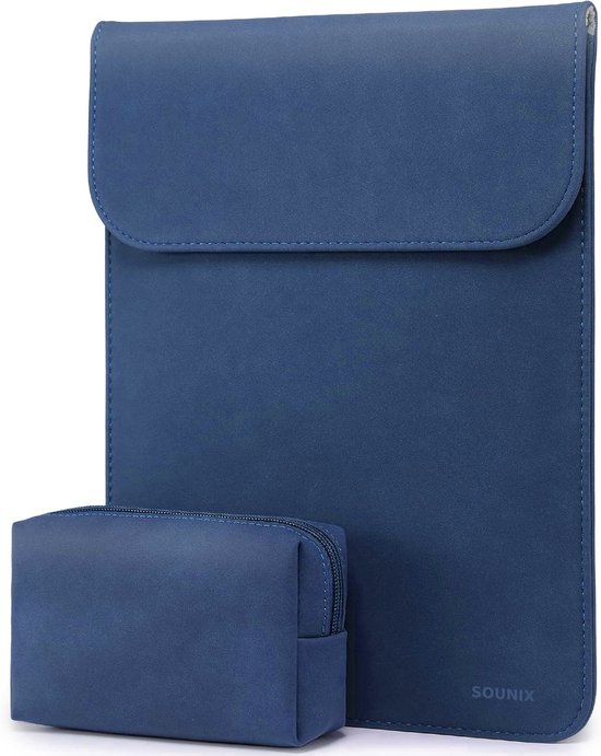 Donkerblauwe laptophoes en bijpassend etui van PU leer.