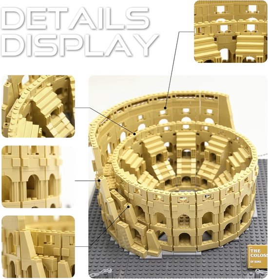 Gedetailleerde close-ups van het gouden Colosseum bouwmodel, met pijlen die delen markeren.