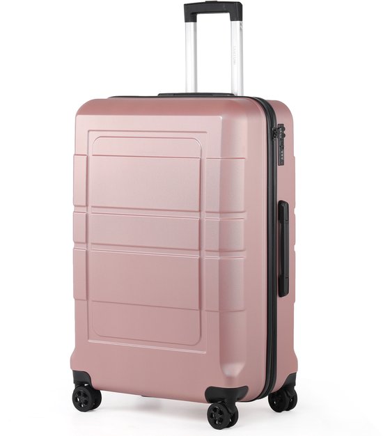 Een enkele roze koffer met vier wielen, een uitschuifbaar handvat en een cijferslot, staand op een witte achtergrond.