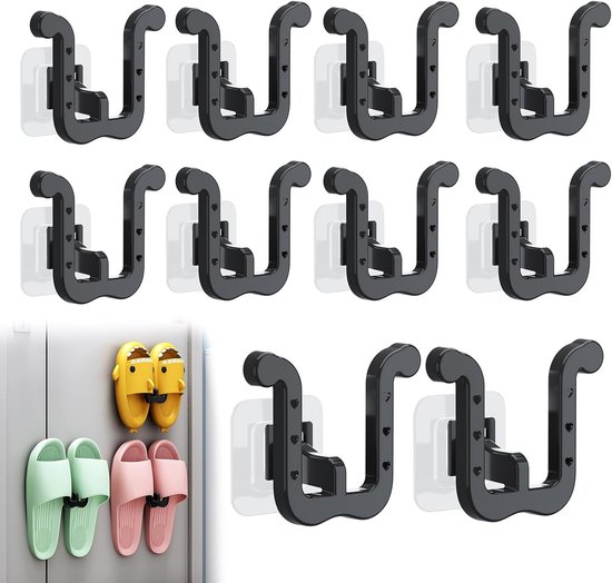 Lot de 10 Étagères à chaussures suspendues No perçage, rangement mural pour pantoufles, étagère à chaussures murale, étagère à chaussures, porte-chaussures, organiseur suspendu, Zwart