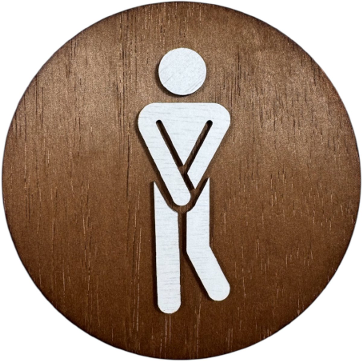 Luxe houten wc bordje - wc sign - toilet bordje - witte afbeelding een man op een bruine houten achtergrond - walnoot look - zelfklevend - handgemaakt - medium formaat 14 cm diagonaal