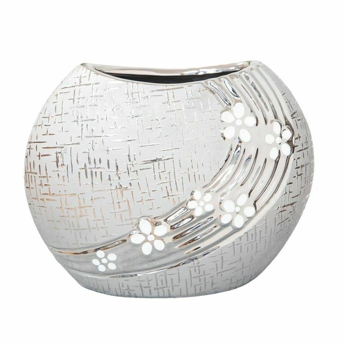Hestia Home Ronde Vaas, Metallic grijs met witte bloemen