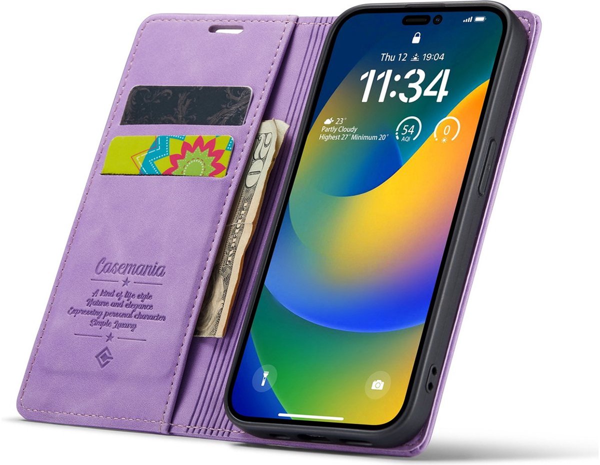CaseMania Bookcase hoesje geschikt voor iPhone 13 - Effen Lila - Kunstleer