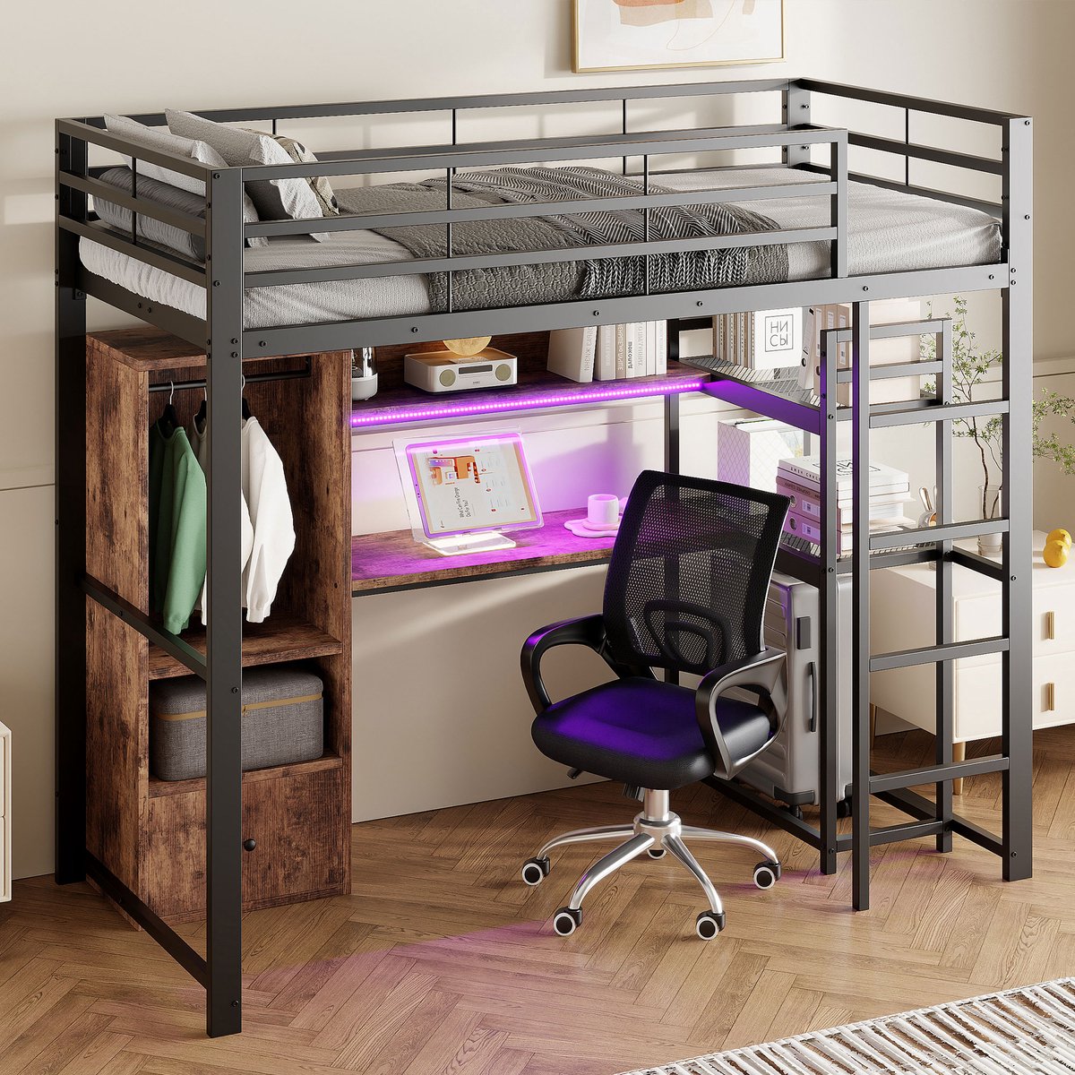 Gutent Hoogslaper - 90 x 200 cm - Metalen bed - met LED verlichting - Bureau - 1 lade - Legplank - Zonder matras - Zwart - Zonder stoel