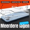Gedemonteerde doorzichtige blauwe iPhone hoes, toont harde achterplaat, magnetische ring en zachte rand.