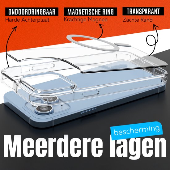 Gedemonteerde doorzichtige blauwe iPhone hoes, toont harde achterplaat, magnetische ring en zachte rand.