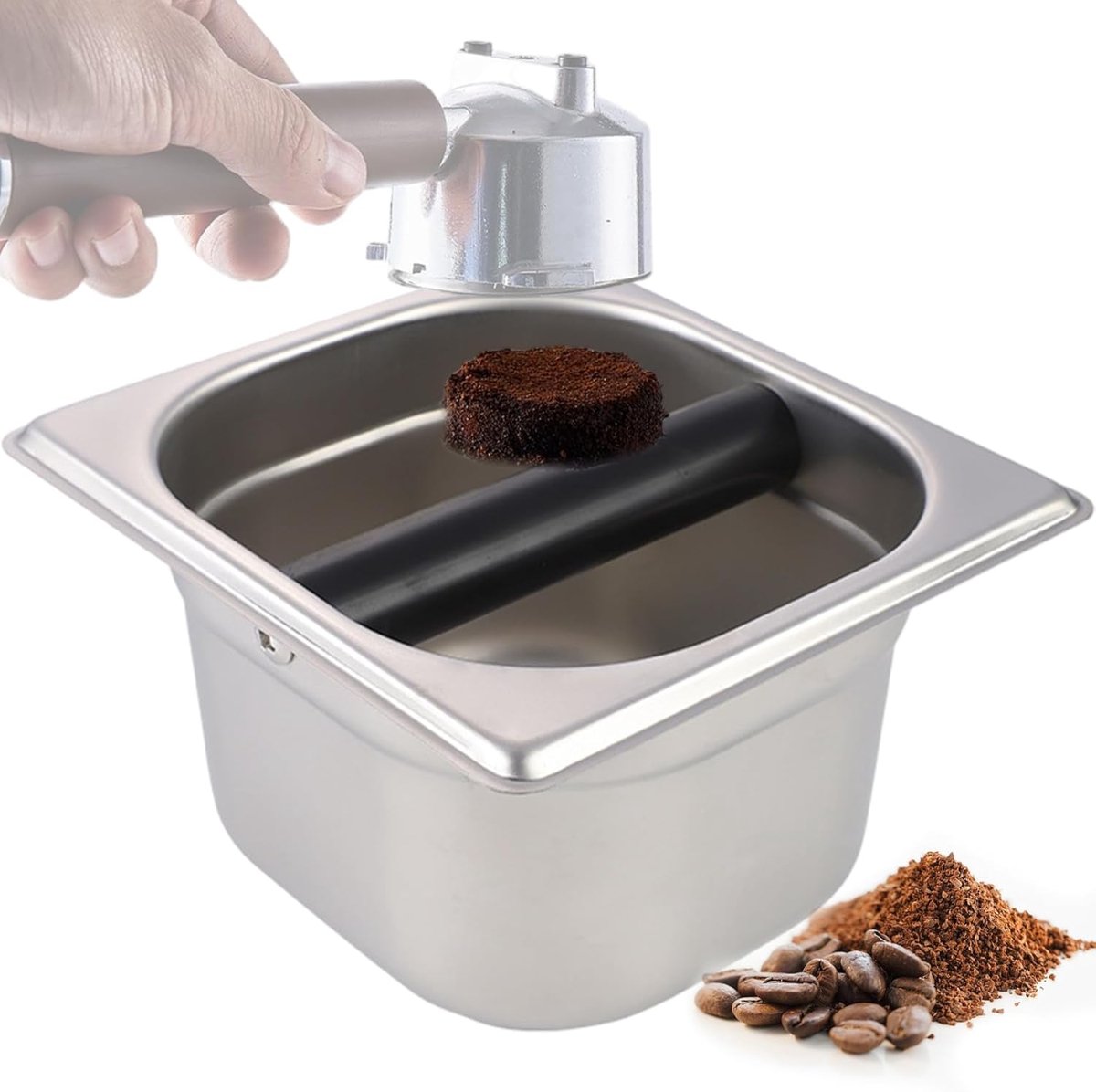 Koffie Knock Box - 17,5 × 16,5 × 10 cm - RVS Espresso Knock Box - Antislip Wasbare Koffiebak met Afneembare Bar voor Thuiskantoor - Zilver