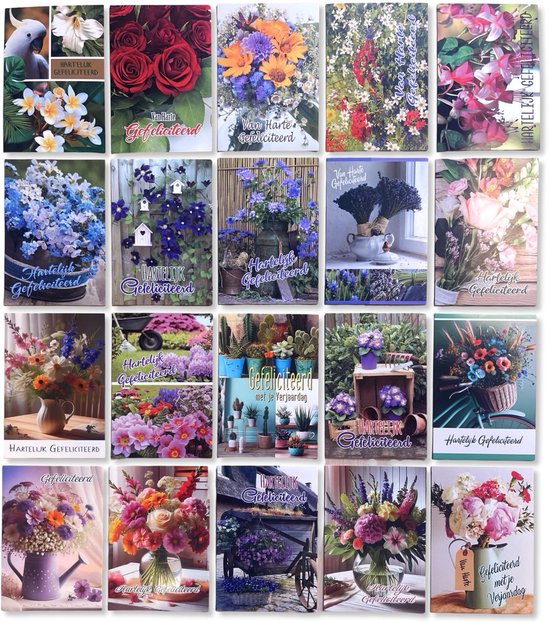  Collage de 20 cartes avec diverses compositions florales et images, avec des textes tels que 'Félicitations' et 'Sincères félicitations'.