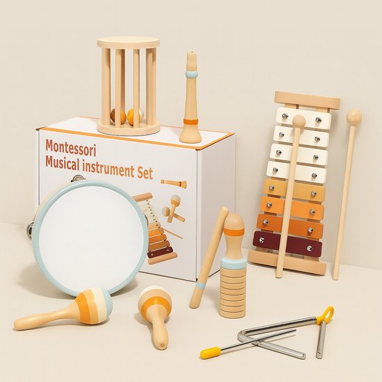 Coffret 8 Instruments En Bois Pour Enfant – Xylophone, Tambourin, Maracas, Flûte, Triangle – Jouet Musical Montessori Dès 1 An – Cadeau éducatif Et Créatif Pour Bébé