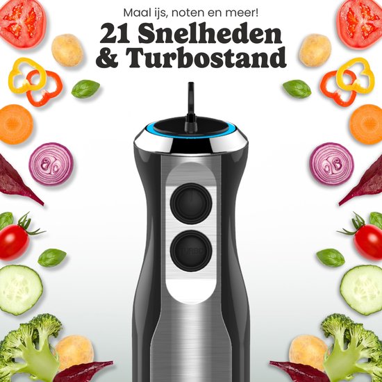 Kitchello - 7 in 1 Staafmixer set - met Hakmolen, Garde, Melkopschuimer, Pureerstaaf en Maatbeker - Soepmaker - Handmixer & Blender - 8 Snelheden - 1000W - Zwart - RVS van Merkloos — afbeelding 2