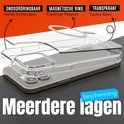 Vue éclatée d'une coque de téléphone transparente avec anneau MagSafe et couches de protection. Texte 'Impénétrable', 'Anneau magnétique', 'Transparent'.