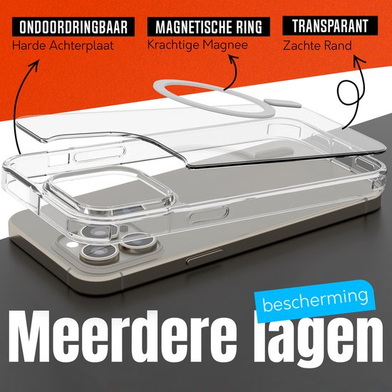 Vue éclatée d'une coque de téléphone transparente avec anneau MagSafe et couches de protection. Texte 'Impénétrable', 'Anneau magnétique', 'Transparent'.