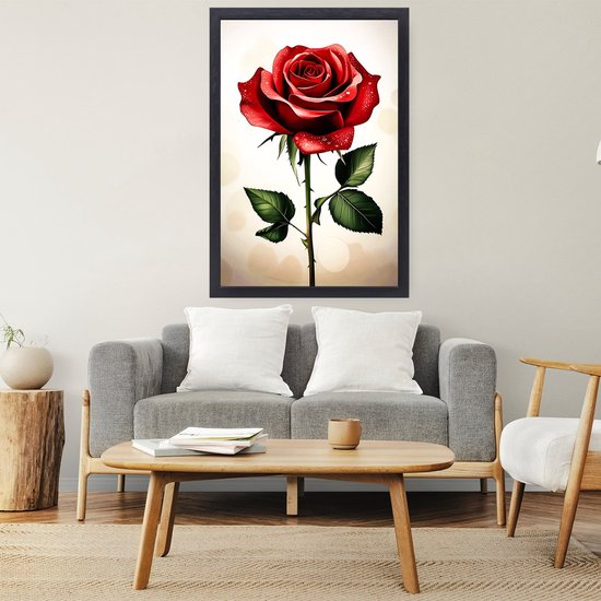 Dieprode roos met dauwdruppels - Roos canvas schilderijen - Schilderijen bloem - Realistische kunst - Schilderij in baklijst - Schilderijen - Canvas met baklijst 50x70 cm