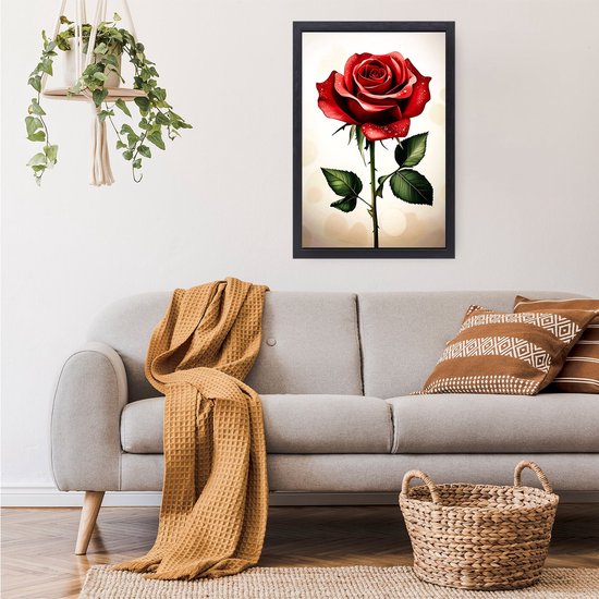 Dieprode roos met dauwdruppels - Roos canvas schilderijen - Schilderijen bloem - Realistische kunst - Schilderij in baklijst - Schilderijen - Canvas met baklijst 50x70 cm