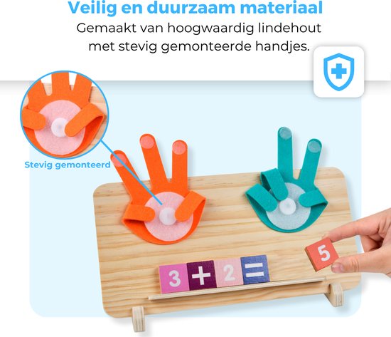 Close-up van een oranje en turquoise vilt handje op een houten telraam, met de tekst 'Stevig gemonteerd'.