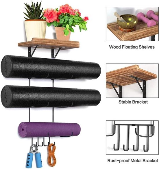 Wall Mount voor Yoga matten, Foam Roll en Handdoekrekhouder voor Ophangen Yoga Riem en Weerstandsbanden — afbeelding 5