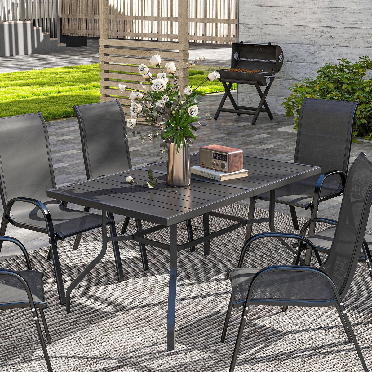 Outsunny tuintafel - met parasolgat - 152L x 90B x 74H cm - zwart – foto 3