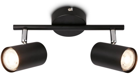 Spot de plafond noir avec deux spots pivotants, isolé sur fond blanc.