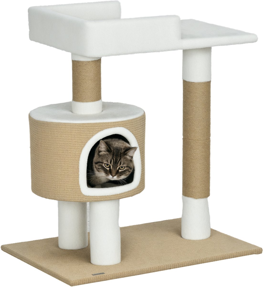 PawHut Kratzbaum 79 cm Kleiner Katzenbaum mit Katzenhöhle, Katzenkratzbaum mit Liegefläche, Jute-Kletterbaum für Katzen bis zu 8 kg, Katzenmöbel, Braun, Weiß, Kaschmir-Imitat