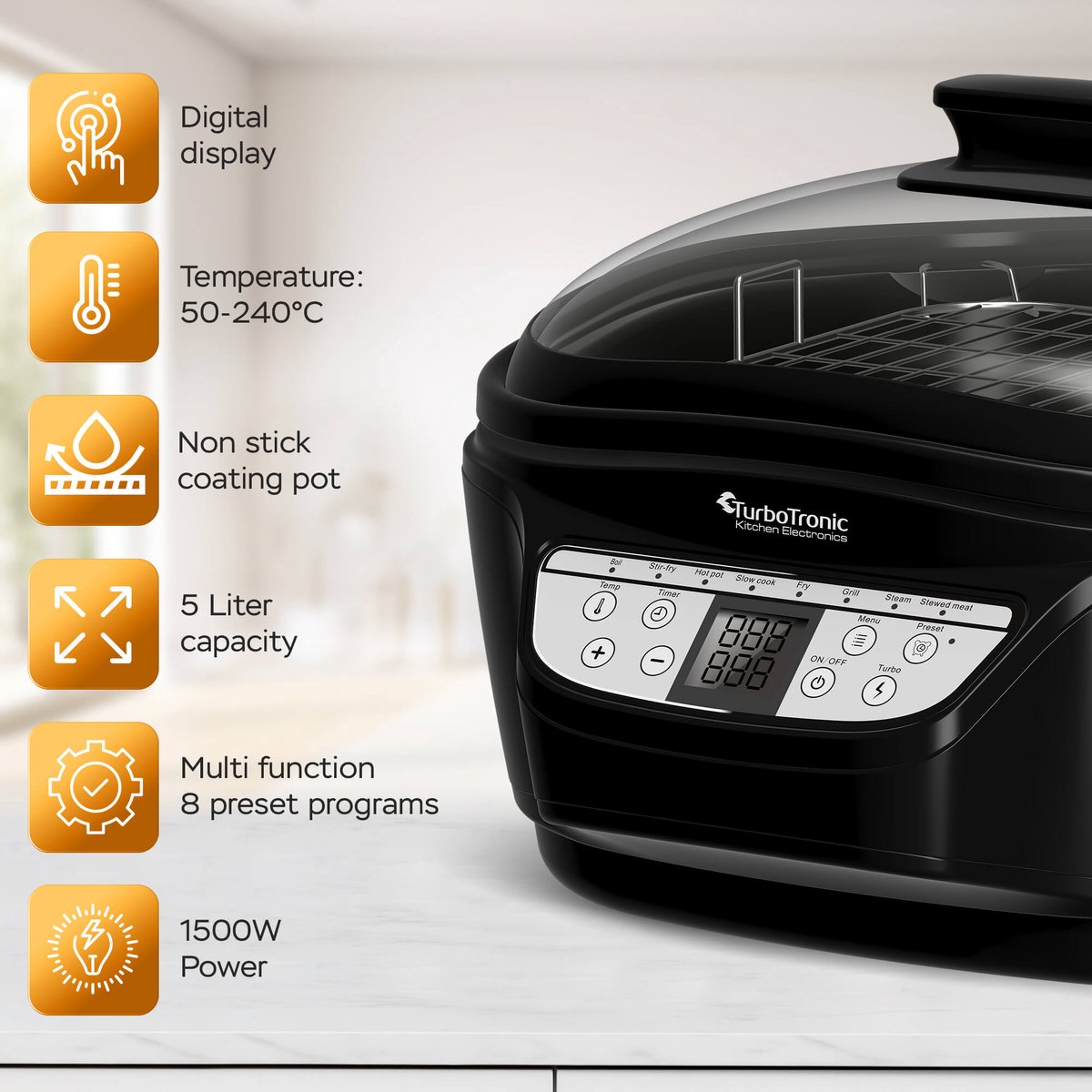 Afbeelding 3 van TurboTronic DMC24 Multicooker - Rijstkoker - Stoomkoker- 5 liter - RVS - Zwart