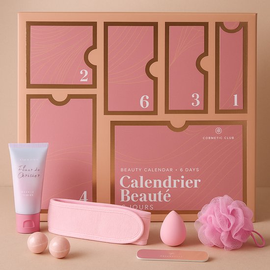 Beauty Adventskalender – 6-Daagse Luxe Verzorgingsset met Cherry Blossom Geur, Douchegel & Gezichtsband – Wellness Cadeau voor Vrouwen – Roze Geschenkbox