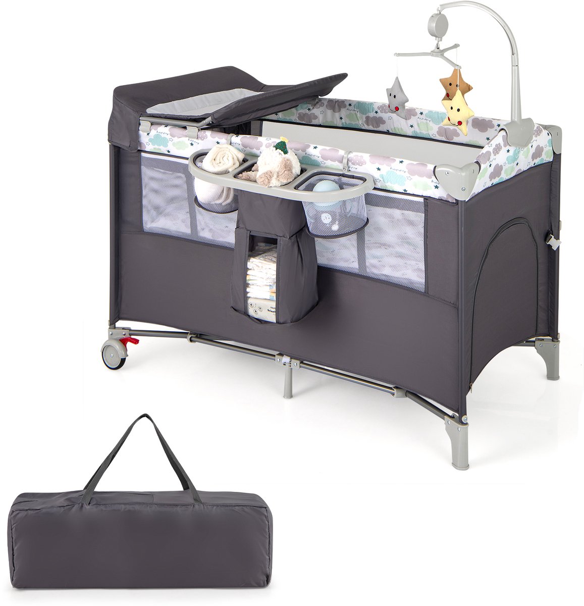 COSTWAY 4-in-1 opvouwbaar reisbed & bijzetbed & luiertafel & box oprolbaar, 2 niveaus babybed incl. speelboog, muziekdoos, matras, zijdeur en draagtas (grijs)