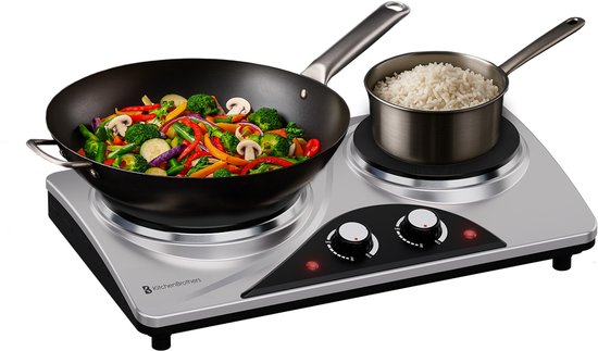 Foto: Kitchenbrothers elektrische kookplaat 2 pits vrijstaand 7 temperatuurstanden 1500w 1000w rvs zwart