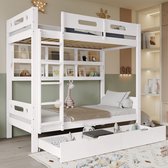 Bol.com Stapelbed - kinderbed met valbeveiliging - twee lades op wielen - open planken - vijf ladders - veel opbergruimte - wit ... aanbieding