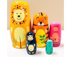 Matroesjka Poppen - Wilde Dieren - 5 Delig - Hout - Matroesjka - Nesting Dolls - Baboesjka Poppetjes Hout - Geverfd - Baboesjka - Babushka - Peg Dolls - Houtpoppetjes - Russische Poppetjes