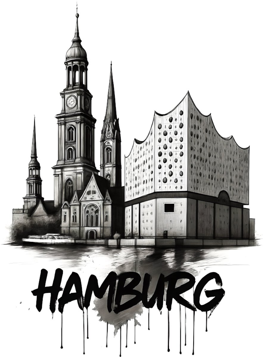 4one6 industries - Bezienswaardigheden van de stad Hamburg – A4 zwart-wit schetskunstdruk