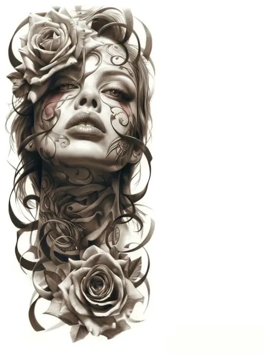Neptattoo Volwassenen – Realistisch Vrouwengezicht met Rozen – Tijdelijke Tattoo Sleeve 19,8 x 9,6 cm – Plak Tattoos Body Art