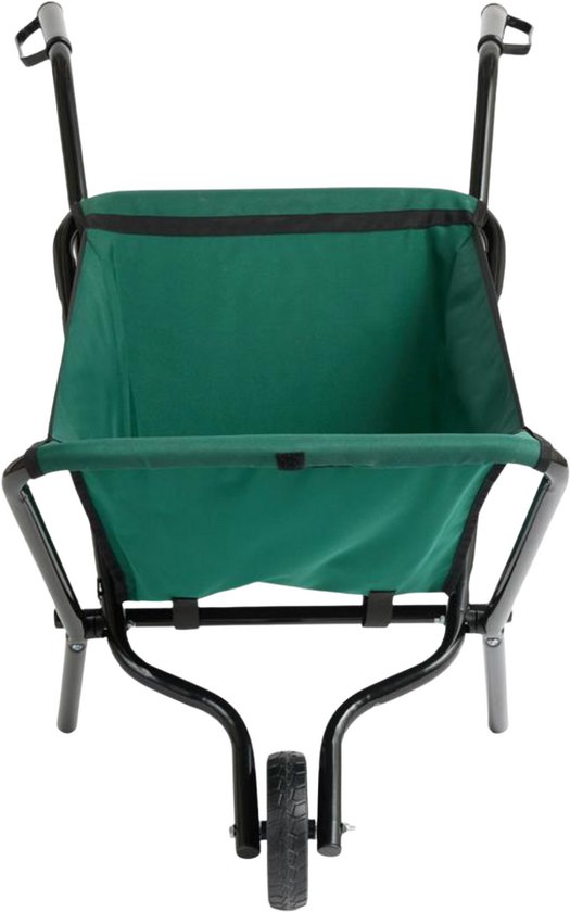 Groene kruiwagen met zwart frame, van boven gezien.