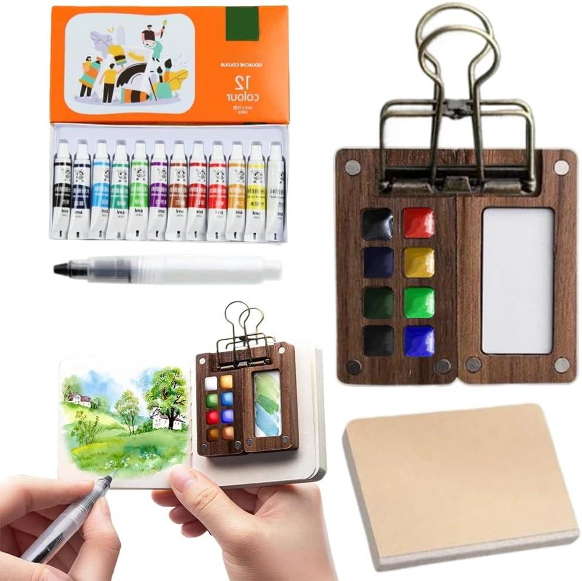 Allecto plus - Mini Aquarel Travel Set met Pocket Aquarelset en Draagbaar Houten Schilderpalet - Ideaal voor Kunstenaars en Studenten