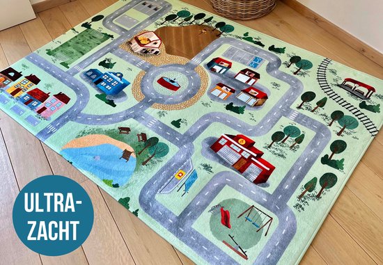 the carpet Happy Life - Kinderkamer, kindertapijt, speeltapijt, wasbaar, wegtapijt, wegen, jungle, dieren, auto, Beige, 200 cm Rond