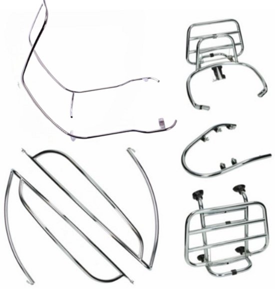 Set van 5 verchroomde valbeugels voor Vespa Primavera/Sprint.