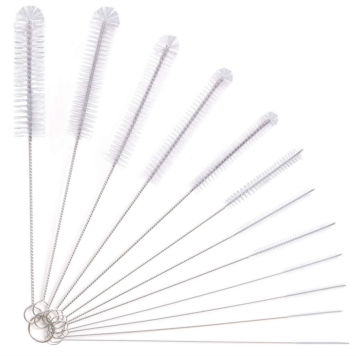 12-delige Nylon Buisborstel Set – Reinigingsborstels van 2–25 mm – Met Sleutelring – Voor Rietjes, Flessen, Espressoapparaat & Moeilijke Plekken – Roestvrij & Vaatwasserbestendig