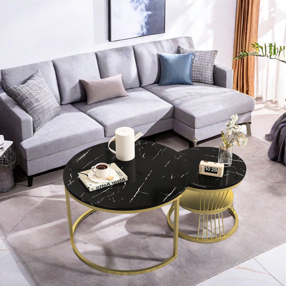 Set van 2 bijzettafels, moderne ronde salontafels met planken en opbergruimte, bijzettafels voor banken, meubels voor de woonkamer, L 70 x 70 x 45,5 cm, S 45 x 45 x 40 cm