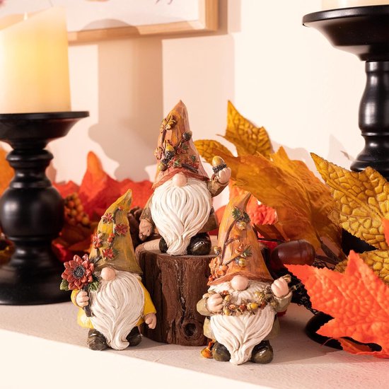 Autumn Gnomes Tafeldecoratie voor Thuis - Set van 3 Herfstdecoraties - Houten Tuin Gnomes Beeldjes voor Binnen, Buiten, Bureau, Kantoor, Halloween, Thanksgiving Decoraties, 5 Inch van Merkloos	 — afbeelding 5