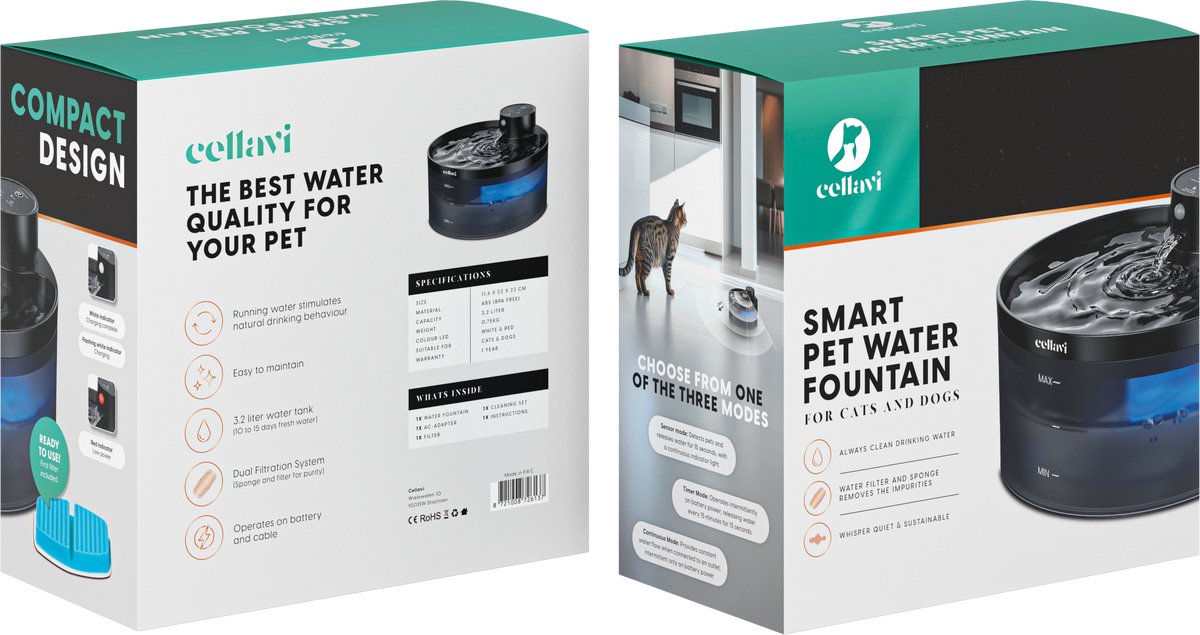 Cellavi R2A - Draadloze Drinkfontein Kat met Sensor - Waterfontein Katten & Honden - Kattenfontein Draadloos - 5200mAh Batterij - Fluisterstil - 3.2L thumbnail 7