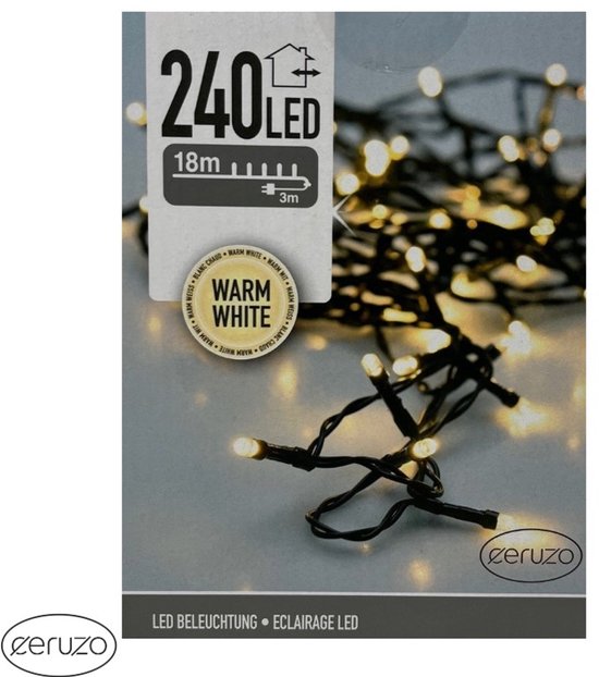 Verpakking met 240 warm witte LEDlampjes, 18m, 3m, warm wit, voor binnen en buiten, Zeruzo.