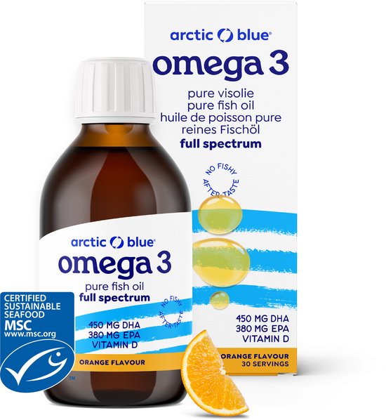 Arctic Blue - Omega 3 Visolie - 450 mg DHA + 380 mg EPA - Met Vit D - Sinaasappelsmaak - 30 doseringen - MSC Keurmerk