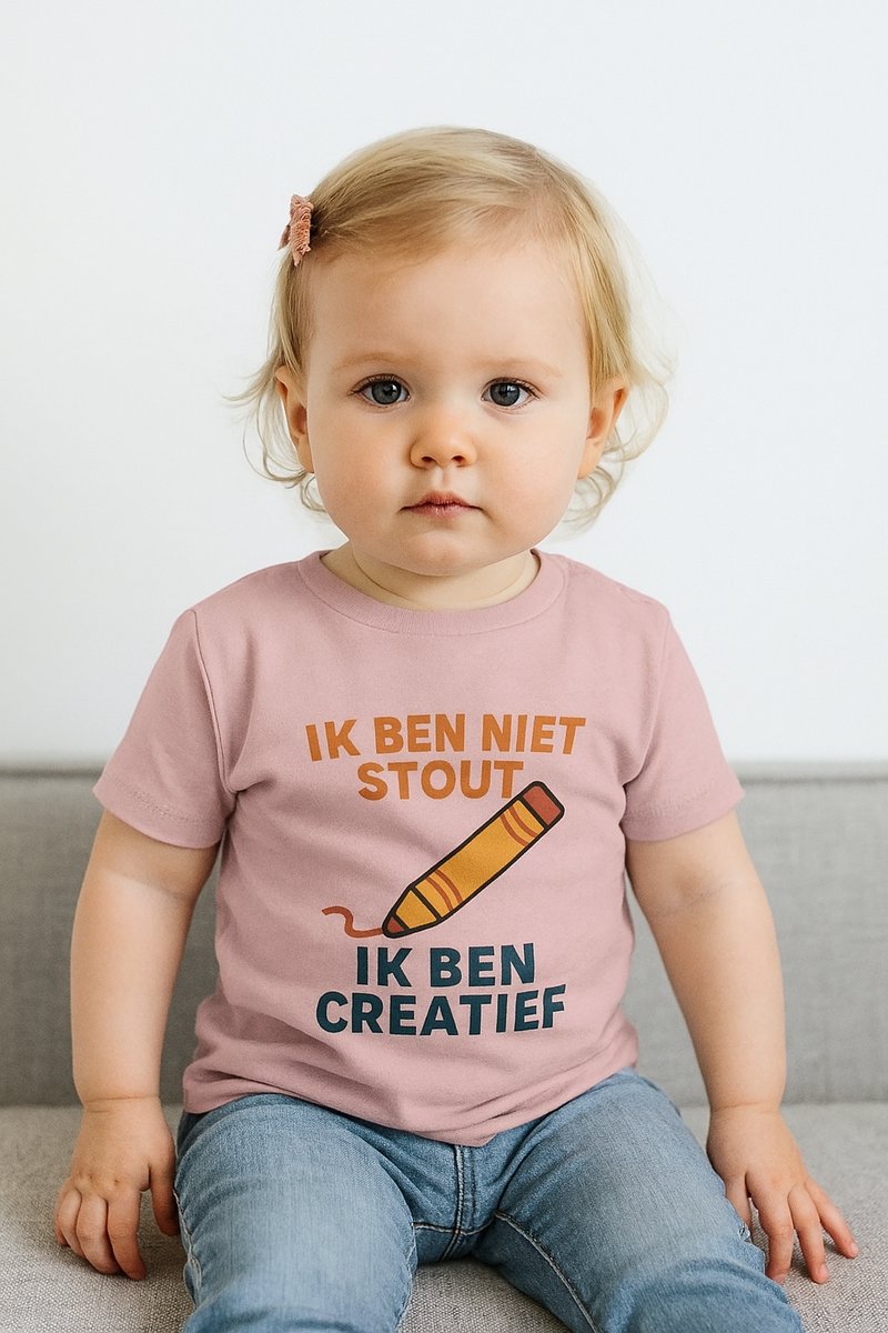 Baby T-Shirt “Ik ben niet stout, ik ben creatief” – Roze – Unisex Shirtje 6-12 Maanden – Schattige Tekstopdruk & Comfort
