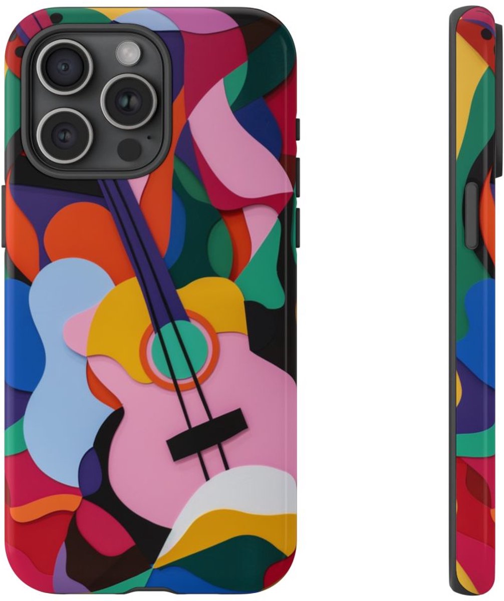 Kleurrijke Abstracte Gitaar – Glanzend Stevig Hoesje Geschikt voor iPhone 15 Pro Max