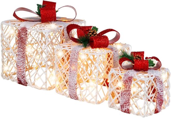 COSTWAY Set de 3 boîtes cadeaux LED, boîtes de Noël illuminées avec des nœuds rouges, décoration de Noël avec 60 lumières LED blanc chaud, décoration de Noël pour l'intérieur et l'extérieur