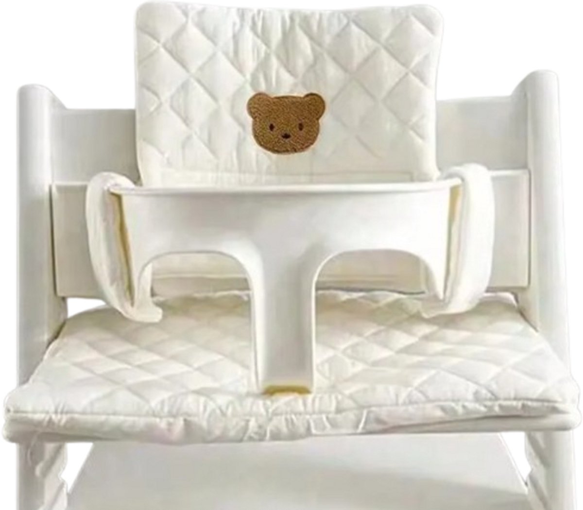 Stoelverkleiner beer wit geruit - kussenset wit geruit beer - stoelverkleiner voor stokke tripp trapp - kinderstoel verkleiner - stoel kussen